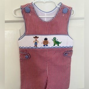 Toy Story smocked John John, red gingham. 18m